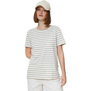 Koton Katoenen T-shirt voor dames, korte mouwen, ronde hals, Beige Stripe (0s5), M