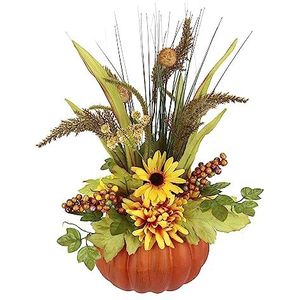 Arrangement met kunstbloemen, dahlia's, bessen, grassen in pompoen, kunstbloemen, decoratieve bloemen, herfstdecoratie, herfstbloemen, zijden bloemen, bloemstuk, tafeldecoratie, Halloween, versierd