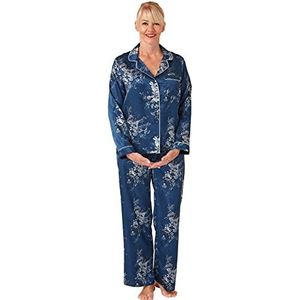 Marlon Vrouwen Bea Piped Gedrukt Satijnen Revere Collar Pyjama Pyjama Set, Oceaan Blauw, 44-46