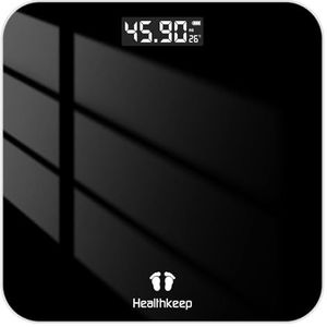 Healthkeep Personenweegschaal, personenweegschaal met zeer nauwkeurige sensoren, digitale personenweegschaal met step-on-techniek, gewichtsweegschaal van veiligheidsglas, zwart