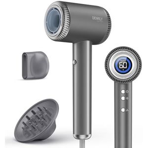 DEWILY Haardroger met magnetische diffuser, met borstelloze motor van 110.000 tpm, droogt snel reisföhn, haardroger met 300 miljoen negatieve ionen, grijs met 2 sproeiers