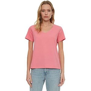 Trendyol Dames roze V-hals basic gebreid T-shirt, roze, extra klein