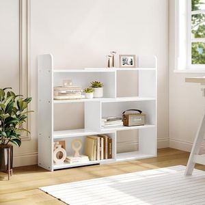 YITAHOME Boekenkast met 4 niveaus, open boekenkast, boekenplank met 6 opbergkasten, houten display, opbergrek, kantoor, voor woonkamer, slaapkamer, wit, 60 x 24 x 90 cm