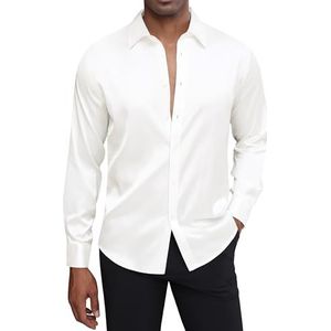 J.VER Satijnzijden herenoverhemd met lange mouwen, glanzend shirt, casual, knopenrij, eindejaarsbal, luxe feesthemd, Wit, L