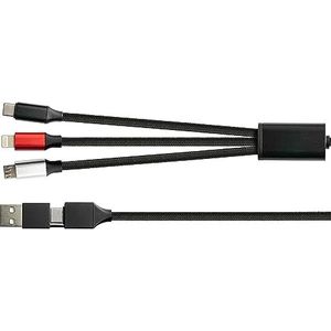Python USB 6-in-1 oplaadkabel - USB-A en USB-C stekker naar USB-C/USB Micro B/Lightning (iPhone/iPad) stekker - textiel mantel - zwart - 1,2m
