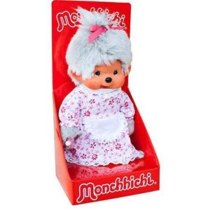 Sekiguchi 233150 - Originele Monchhichi grootmoeder, pluche figuur met bloemenjurk, schort en vlecht met strik, ca. 20 cm groot knuffeldier van grijs pluche