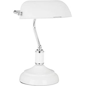 Relaxdays bankierslamp, glazen lampenkap, kantelbaar, retro, metaal, HBD 36 x 26 x 21 cm, vintage tafellamp, wit-zilver