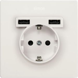 SIMON - Inbouwstopcontact met twee USB-laders type A wit, serie Simon 270, 16 A, 2,1 A, platte en dunne wandstekker, eenvoudig te installeren, incl. frame, deksel en mechanisme, wit