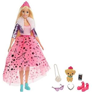 Barbie Princess Adventure Pop in Prinsessenoutfit (Blond, ruim 30 cm); Barbie Pop met Puppy, 2 Paar Schoenen, Diadeem en 4 Accessoires, voor Kinderen van 3 - 7 Jaar