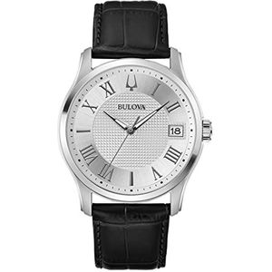Bulova Heren analoog kwarts horloge met lederen armband 96B388, zilver-zwart, Riemen.