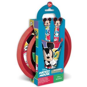 Disney pap set 5-delig rood en blauw plastic Mickey Mouse borden glas bestek