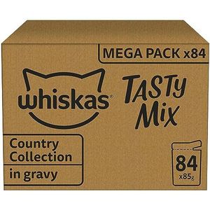Whiskas 1+ Natvoer - Tasty Mix Country Collectie - Selectie in saus - maaltijdzakjes 84 x 85g