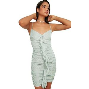 Trendyol Dames Mint Collar Detail Jacquard Satijn Cocktail Jurk, 34