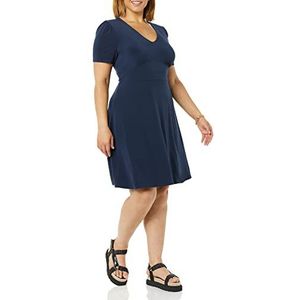 Amazon Essentials Dames korte mouw V-hals verzameld fit & flare jurk, marineblauw, medium