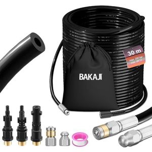 BAKAJI Buisreinigingssonde, hogedrukreiniger, 200 bar, knikbeveiligingssysteem met hoes, 3 adapters, 2 vaste en roterende sproeiers, compatibel met Kärcher k2-k7 Lavor hogedrukreiniger (30 meter met