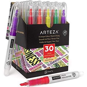 Arteza Vloeibare highlighters in 5 verschillende kleuren, Set van 30 markeerstiften met een smalle, schuine punt, Neon markers voor bullet journals, aantekeningen en boeken