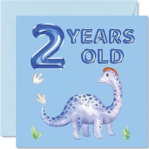 2e verjaardagskaart - dinosaurus & ballonnen - Happy Birthday Card 2 jaar oude jongen, jongens verjaardagskaarten voor hem, 145 mm x 145 mm wenskaart voor zoon neef kleinzoon kind kinderen