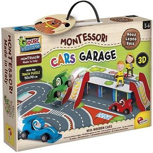 Lisciani Montessori Garage voor auto's, fantasie- en actiespel, houten auto's, garage en glijbaan 3D, racebaan, voor kinderen van 1 tot 4 jaar