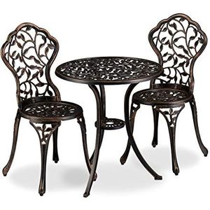 Relaxdays bistroset, 3-delig, balkontafel met 2 stoelen, versierd, aluminium, balkontafel HxD: 65x60 cm, brons