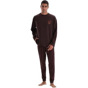 Dagi Gedetailleerde pyjamaset met ronde hals voor heren met lange mouwen en modaal katoenen T-shirt en broek, donkerbruin, M