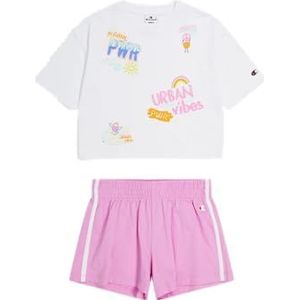 Champion Legacy Summer Graffiti G - Graphic Boxy T-shirt en shorts compleet, wit/roze alpenviooltjes, 7-8 jaar meisjes en meisjes SS24, wit/roze cyclamino, 7-8 Jaar