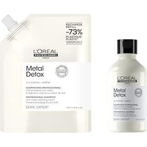 L’Oréal Professionnel, Shampoo Refill set tegen Haarbreuk, Voor Gekleurd en Beschadigd Haar, Zuivert en Versterkt de Haarvezel, set met Shampoo 300ml en navulling 500ml, Metal Detox
