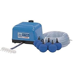 AquaForte Hi-Flow V-30 luchtpompset, complete set met luchtverdelers, 25 m slang 4 x 6 mm en 6 luchtstenen 5 cm, capaciteit bij 2 meter, 7 liter per minuut, maximale vijver 18 m3