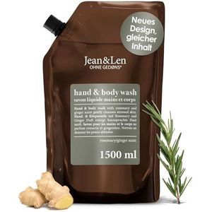 Jean & Len Rozemarijn en gember handwas in een navulverpakking, reinigt en verzorgt de huid, frisse en kruidige geur, vloeibare zeep, zonder siliconen, parabenen en microplastics, 1,5L
