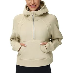 Dames hoodies halve rits lange mouw fleece crop pullover sweatshirts met zakken duimgat, Kaki, M