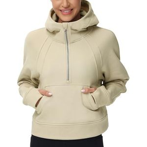 Dames hoodies halve rits lange mouw fleece crop pullover sweatshirts met zakken duimgat, Kaki, M