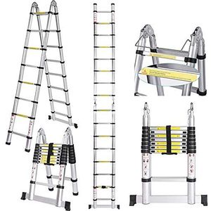 Telescoopladder, uitschuifbare ladder, van hoogwaardige aluminium ladder, multifunctionele ladder, telescopisch design, tot 150 kg belastbaar (5 m, 2,5 + 2,5 mm)