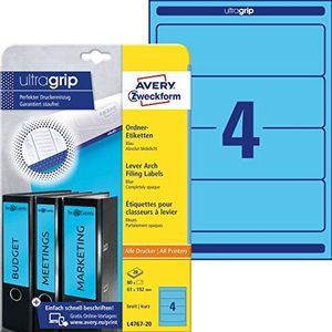 AVERY Zweckform L4767-20 Ordnerback etiketten (met ultragrip, 61 x 192 mm op DIN A4, breed/kort, zelfklevend, ondoorzichtig, bedrukbare ordneretiketten, 80 rugetiketten op 20 vellen) blauw