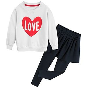 Little Hand Kinderkledingset meisjes kledingset hartvormig lange mouwen sweatshirt top + rok broek 2-delige outfit set, 1, wit., 140 cm