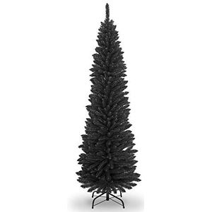 SHATCHI Kunstmatige stroomden slanke kerstboom kerstboom vakantie huisdecoraties met puntige punten en metalen standaard, zwart, 2,1 m