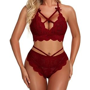 Namifin Vrouwen Lingerie Set Kant Bralette En Panty Set Strappy Kant Lingerie, Wijn Rood, L