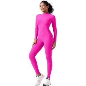 Speerise Jumpsuit, voor dames, pakje uit één stuk, bodycon, met hoge halslijn, ritssluiting, volledige lengte, voor volwassenen., Roze, M