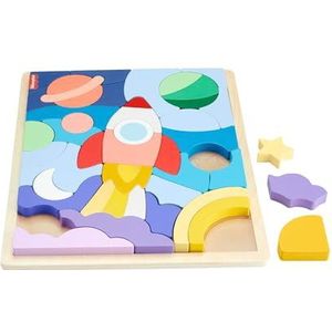 Fisher-Price kleuterspeelgoed houten ruimtethemapuzzel met stapelblokken, 42 houten stukken voor sorteerspel, geschikt voor kinderen vanaf 3 jaar, HXY42