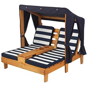 KidKraft 524 houten ligstoel voor 2 kinderen met bekerhouders, tuinmeubilair voor kinderen, marineblauw en wit