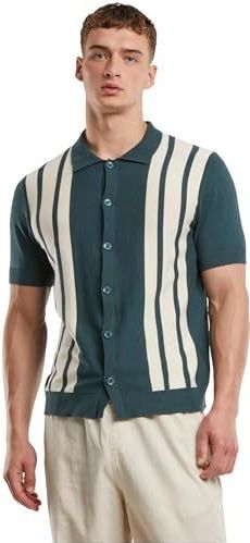 Urban Classics Heren T-shirt Knit Retro Shirt, gebreid retro shirt met knoopsluiting voor heren, 100% katoen, maten S - 5XL, flessengroen/wit zand, M