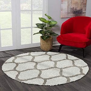 SANAT Madrid Shaggy tapijt rond - hoogpolig tapijten voor woonkamer, slaapkamer, keuken - Morocco crème, maat: 80 cm