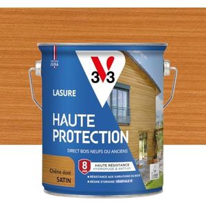 V33 Houtbeits voor buiten, eiken goud, satijn, hoge bescherming, 8 jaar, hoge water- en uv-bestendigheid, bestand tegen houtveranderingen, eco-label, hars van plantaardige oorsprong, 2,5 l