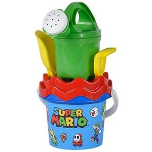 Simba 109234593 Super Mario Baby emmerset, zandspeelgoed, 5-delig, emmer, zeef, schep, hark, gieter, 11 cm, D: 14 cm, vanaf 10 maanden, groen