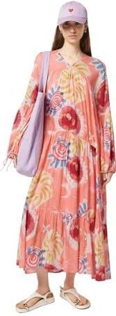 Scotch & Soda - Printed Crinkle Maxi-jurk - Abstract Sun Pink 644 - V-hals - 3/4 Mouwen