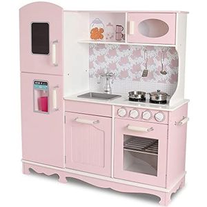 DEQUBE 913D00014 Houten keuken met 3 modules, vintage design, speelgoedkeuken met grote opbergruimte, inclusief metalen accessoires, afmetingen 91 x 30 x 102 cm, roze