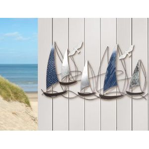 GILDE Wandreliëf Regatta van metaal in blauw en zilver, glanzend, bootvorm, 49 x 91 x 4 cm, wanddecoratie kunstdecoratie maritiem