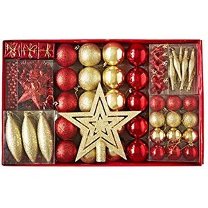 Heitmann Deco kerstboom versiering - goud/rood - 60 stuks - set incl. piek, kerstballen, parelketting, slinger en sterren - plastic