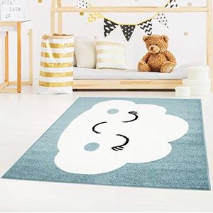 Carpet City Kindertapijt Bubble Kids vlakke stapel met wolkenmotief in petrolblauw voor kinderkamer grootte: 140x200 cm, 140 cm x 200 cm
