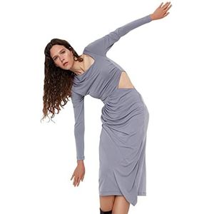 Trendyol Vrouwen Vrouw Getailleerde Bodycon Asymmetrische Kraag Gebreide Jurk, Grijs, L