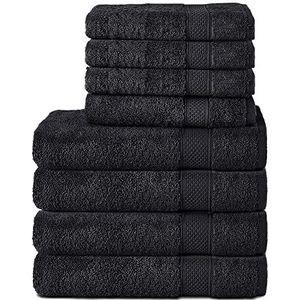 Komfortec Set van 8 handdoeken van 100% katoen, 4 badhanddoeken 70x140 en 4 handdoeken 50x100 cm, badstof, zacht, handdoek, groot, zwart