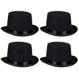 Relaxdays hoge hoed, set van 4, vrouwen & mannen, hoofdomtrek tot 58 cm, verkleedhoed voor Halloween, carnaval, zwart